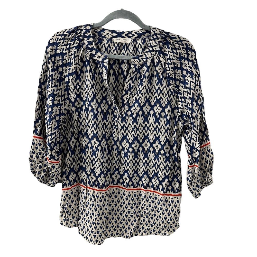 Beach Lunch Lounge Popover Blouse Women's Size S Viscose Blue Orange 3/4 Sleeve